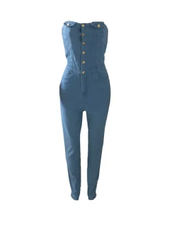 Strapless Button-Up Denim Jumpsuit