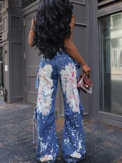 Strapless Color Paint Cargo Denim Jumpsuit