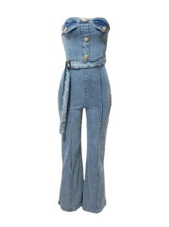 Strapless Flared Leg Denim Jumpsuit