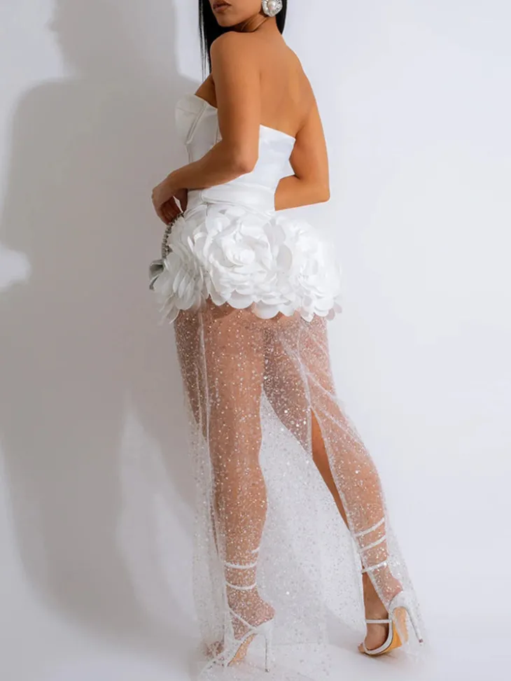 Strapless Glitter Mesh Flowers Mini Dress