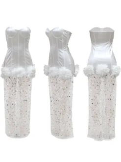 Strapless Glitter Mesh Flowers Mini Dress