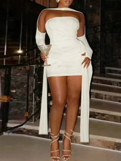 Strapless Mesh Mini Dress with Scarf Gloves