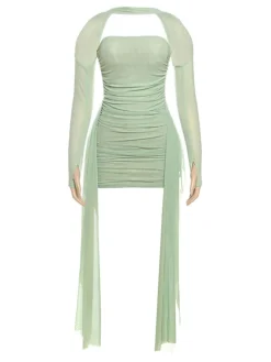 Strapless Mesh Mini Dress with Scarf Gloves