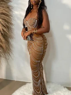 Strappy Rhinestone Mesh Maxi Dress