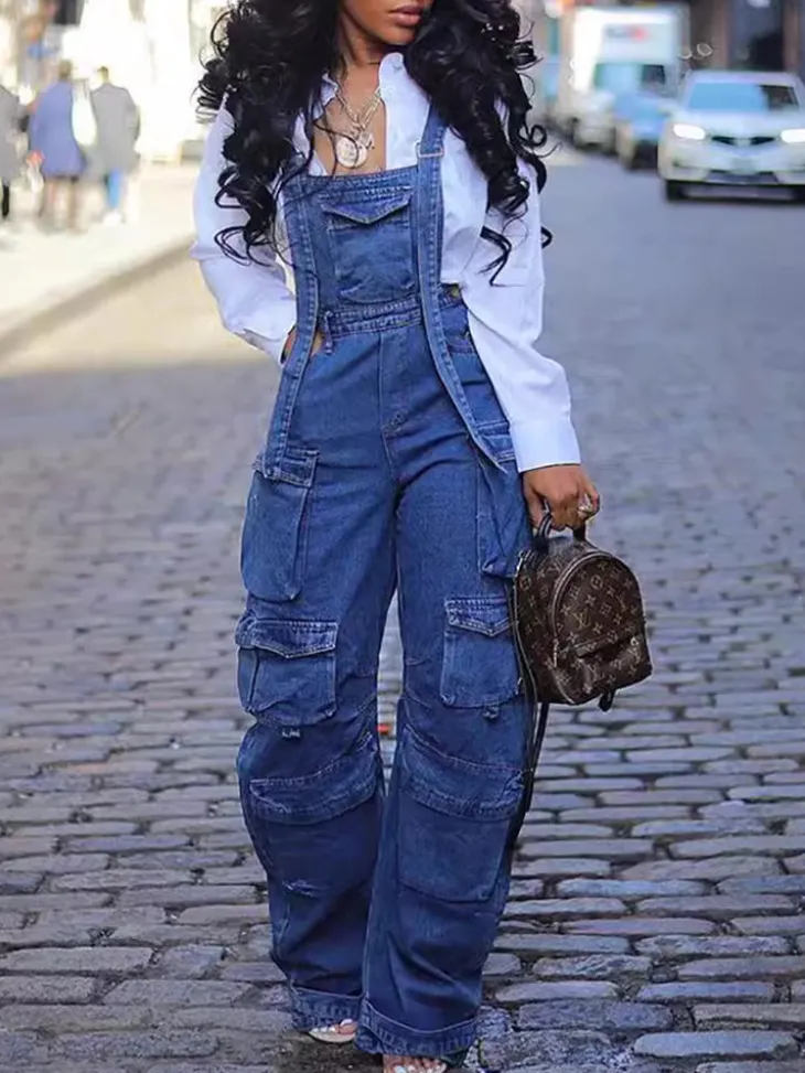 Street Style Multi-Pocket Loose Denim Jumpsuit