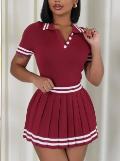 Stripe Knit Polo Crop Top Pleated Skirt Set