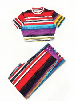 Striped Crop Top and Wide Leg Pants Set