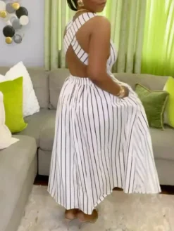 Striped Cross Strap Backless Flare Dress