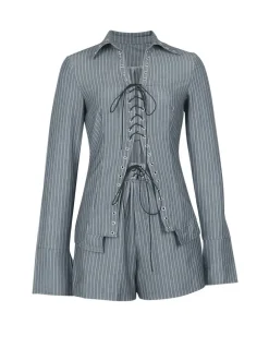 Striped Lace-Up Shirt Shorts Set