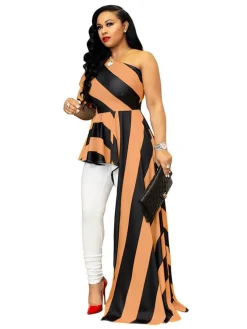 Striped One Shoulder High Low Irregular Blouse Top Dress
