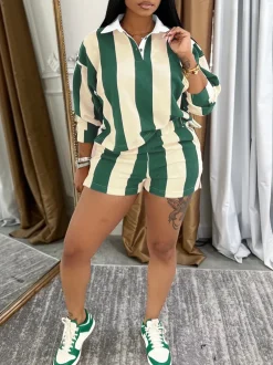 Striped Polo Crop Top Shorts Set