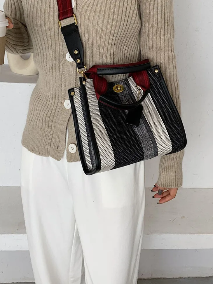 Striped Print Canvas Tote Shoulder Bags