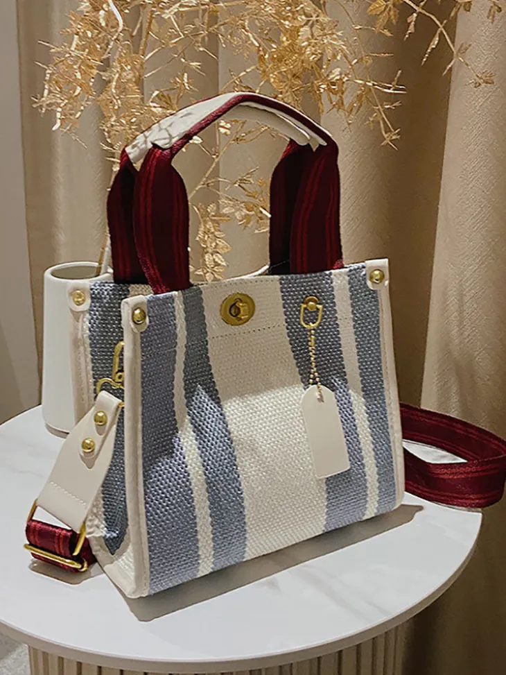 Striped Print Canvas Tote Shoulder Bags