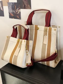 Striped Print Canvas Tote Shoulder Bags