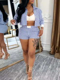 Striped Shirt Shorts Set