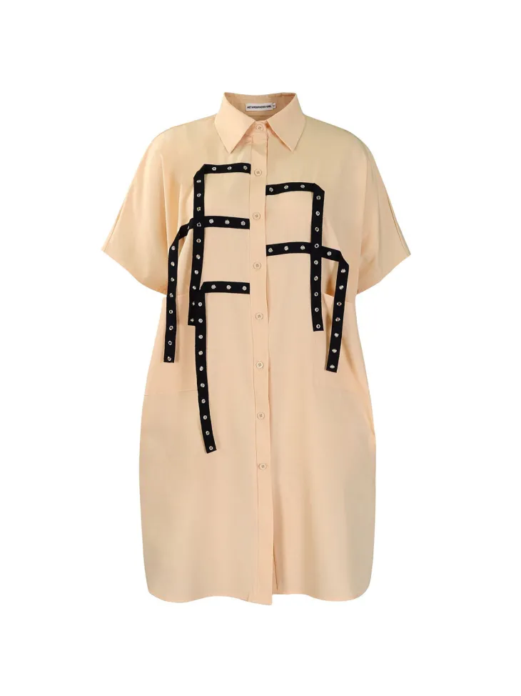 Studded Trim Oversized Shirt Midi Dress
