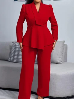 Tailored Lapel Peplum Blazer Pants Set