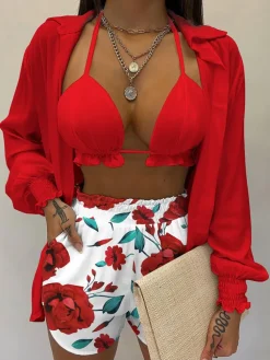 Three Piece Long Sleeve Ruffle Short Set