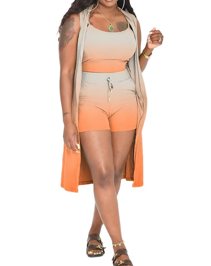 Three Piece Ribbed Sleeveless Cardigan u0026 Bodycon Shorts