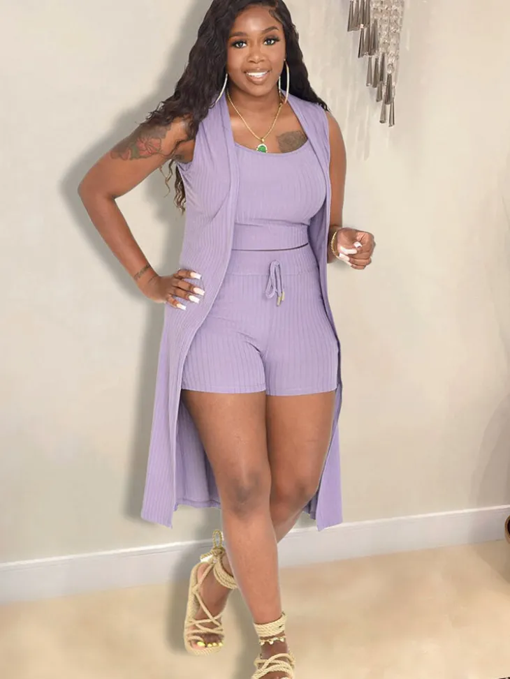 Three Piece Sleeveless Solid Color shorts Set