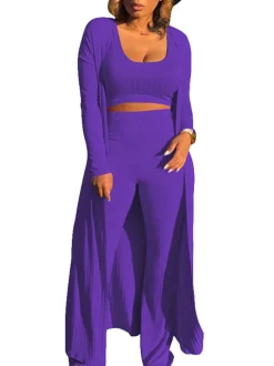 Three Pieces Set Crop Top Long Kimono Cardigan Pants