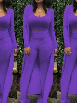 Three Pieces Set Crop Top Long Kimono Cardigan Pants
