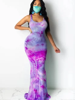 Tie Dye Leopard Print Square Neck Sleeveless Maxi Dress