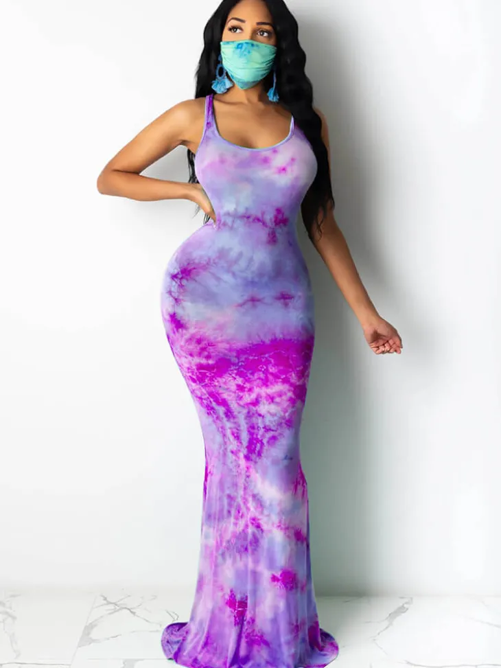 Tie Dye Leopard Print Square Neck Sleeveless Maxi Dress