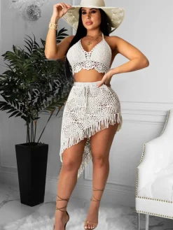Two Piece Asymmetrical Knit Tassels Swimsuit