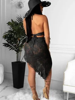 Two Piece Asymmetrical Knit Tassels Swimsuit