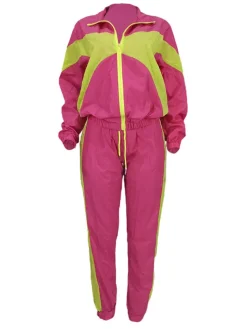 Two Piece Color Block Zip Up Top Long Pants