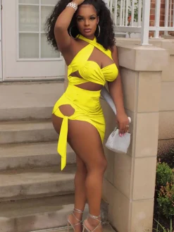 Two Piece Crisscross Crop Top Mini Skirts