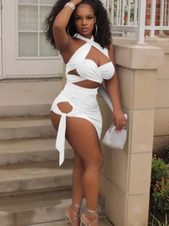Two Piece Crisscross Crop Top Mini Skirts