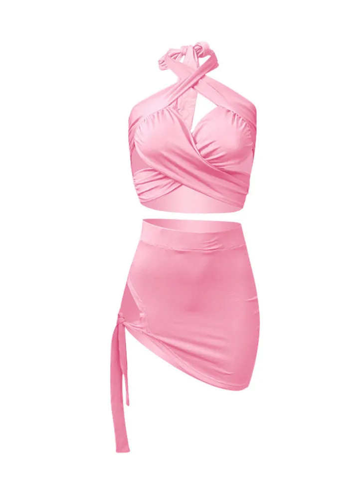 Two Piece Crisscross Crop Top Mini Skirts