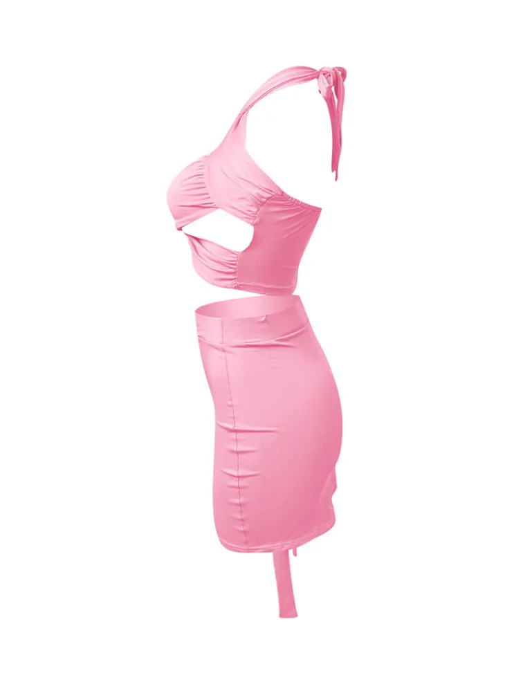 Two Piece Crisscross Crop Top Mini Skirts