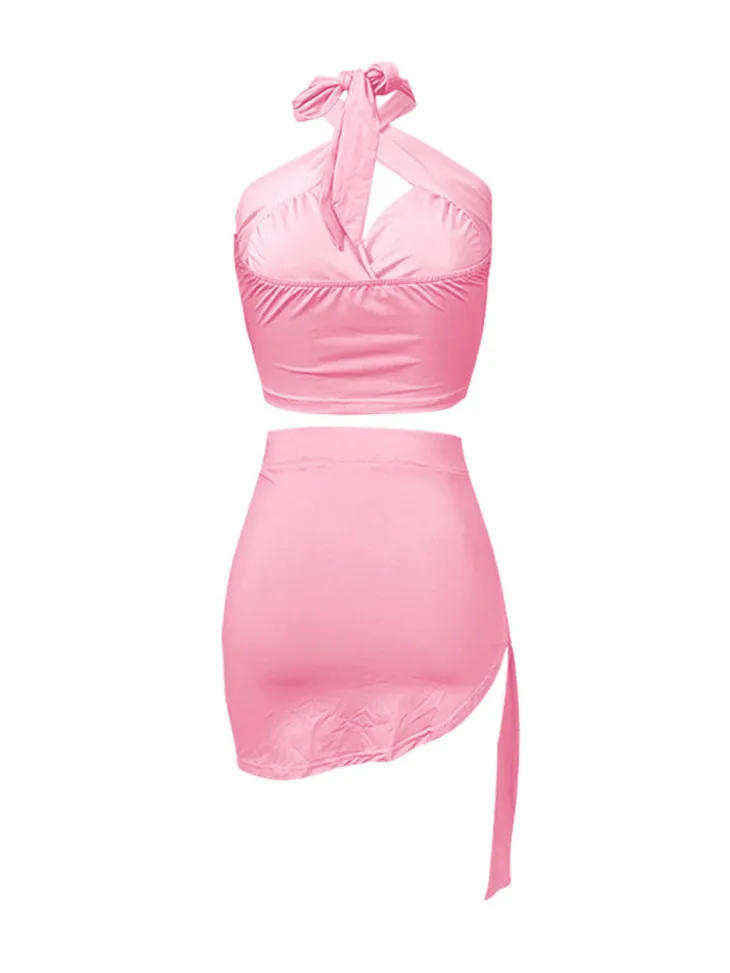 Two Piece Crisscross Crop Top Mini Skirts