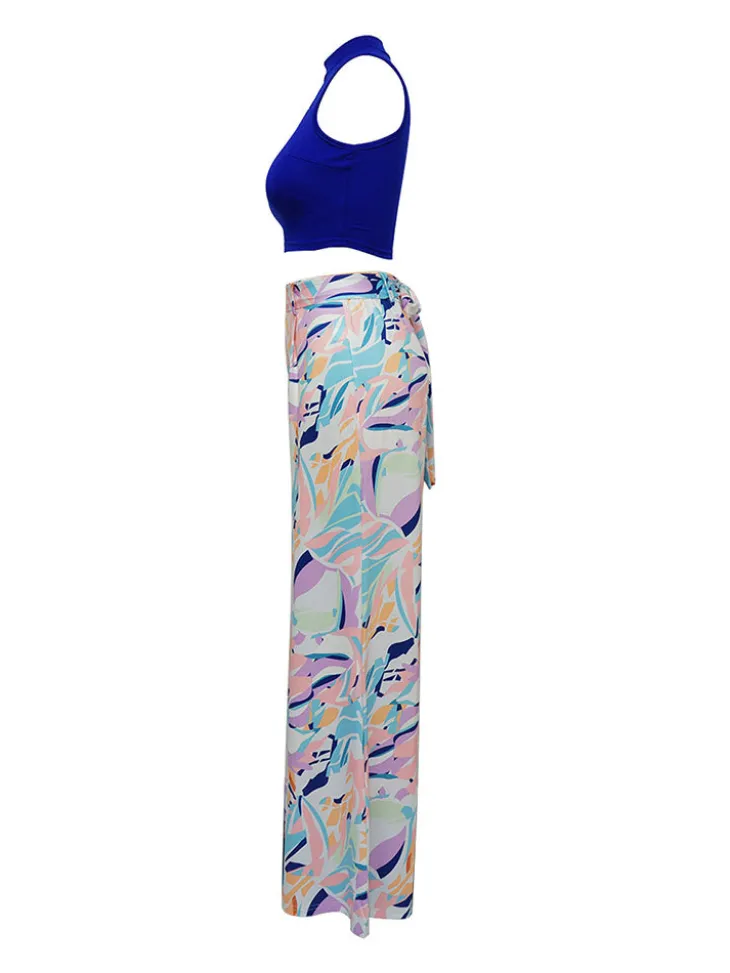 Two Piece Crop Top Floral Print Long Pants
