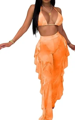 Two Piece Cropped Top Ruffled Trousers