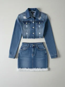 Two Piece Denim Cropped Jacket Feather Skirt Sets