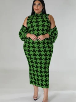 Two Piece Houndstooth Cardigan u0026 Cut Out Midi Dress