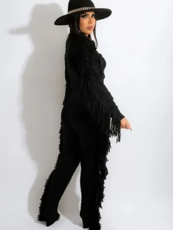 Two Piece Knitted Long Sleeve Tassel Outfits