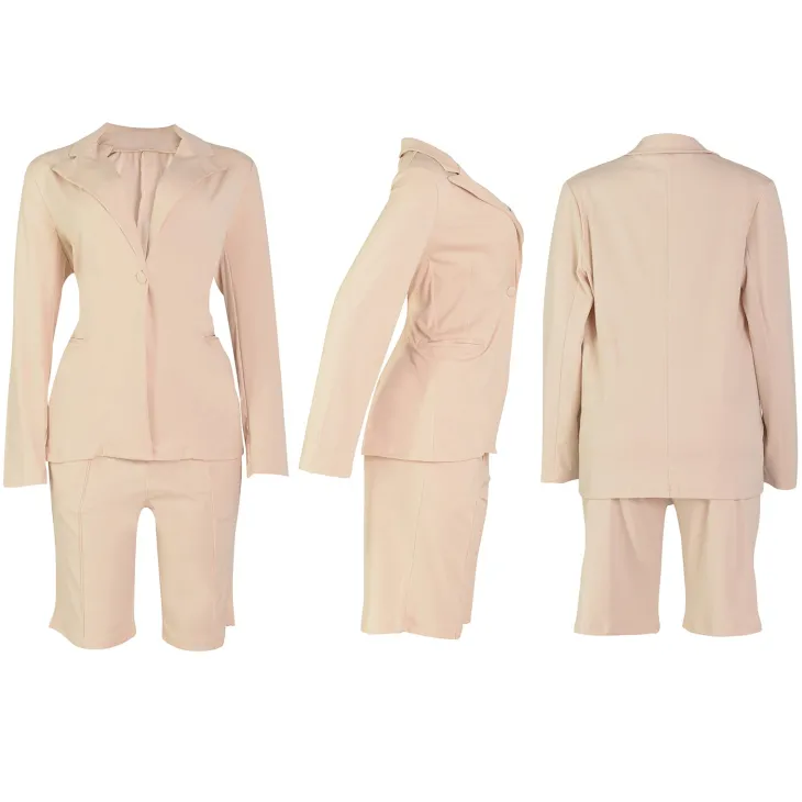 Two Piece Long Sleeve Blazer Shorts Pant Set