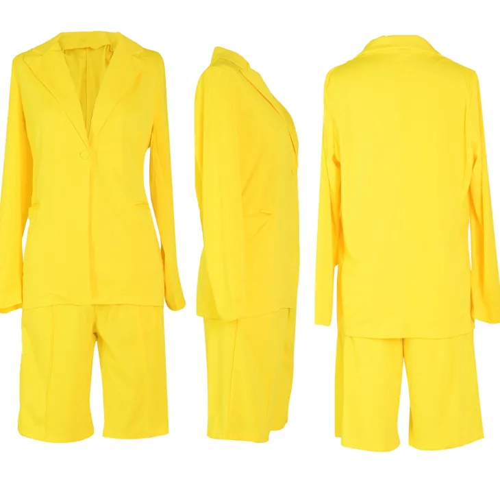 Two Piece Long Sleeve Blazer Shorts Pant Set