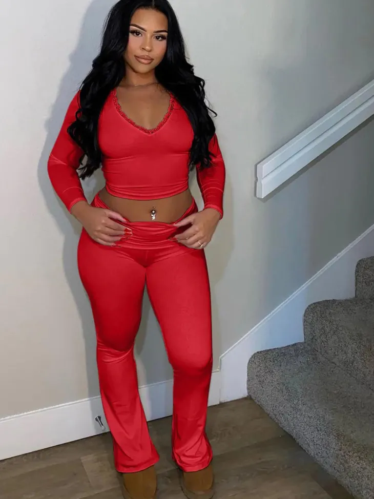 Two Piece Long Sleeve Crop Top Flare Pants Sets