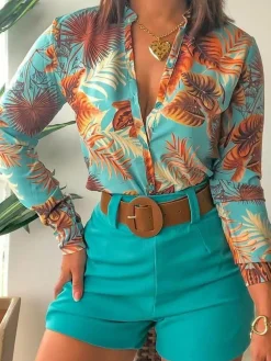 Two Piece Long Sleeve Shirt High Waist Shorts