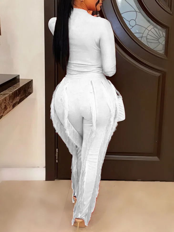 Two Piece Long Sleeve Top Tassel Pants