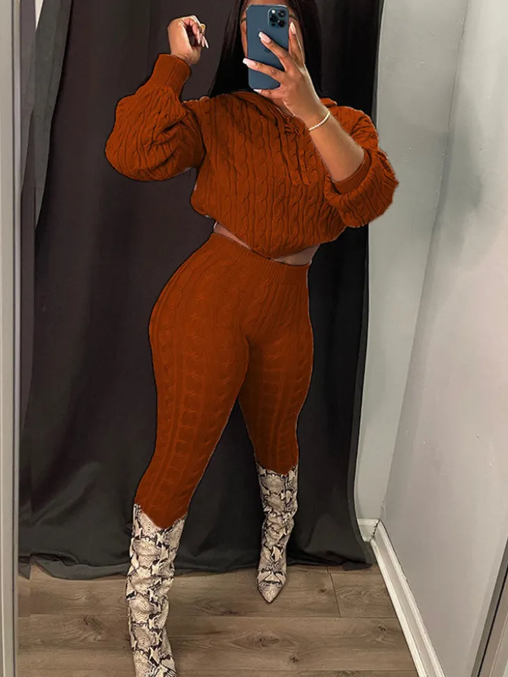 Two Piece Long Sleeves Sweater Pant Suit