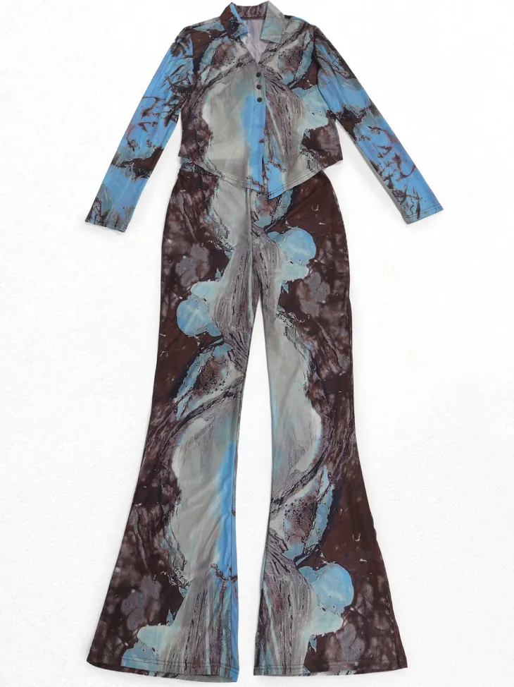 Two Piece Mesh Print Shirt Pants Set