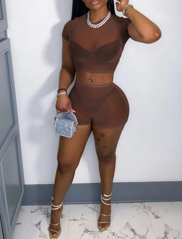 Two Piece Mesh Short Sleeve Top Shorts