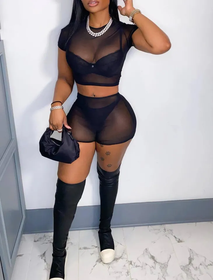 Two Piece Mesh Short Sleeve Top Shorts